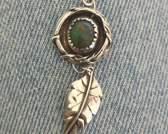 Natural Azur Malachite Sterling Silver Pendant with Leaf: Hammered and Oxidized Design