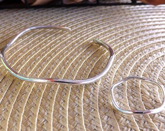 Handmade Sterling Silver Waved Cuff Bracelet and Rings, Glossy Effect