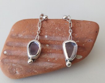 Handmade Sterling Silver Iolite Dangle Earrings: Black Semitransparent Gemstone
