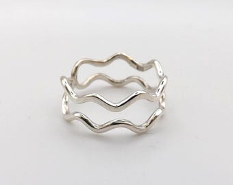 Handmade Sterling Silver Wavy Double Band Ring: Glossy Open Adjustable Unisex Ring