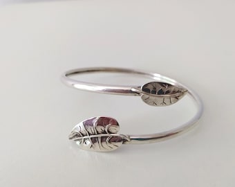 Oxidized Sterling Silver Cuff Bracelet: Leaf Design, Flexible Open Style