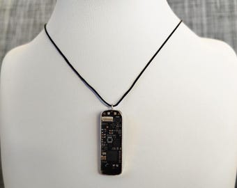 Sterling silver pendant with old electronic board. Upcycled PCB jewellery!