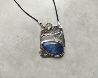 Sterling Silver Natural Cyanite and Quartz Pendant: "Aegean Moonlight" Artisan Necklace