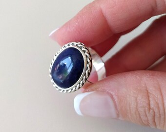 Handmade Adjustable Sterling Silver Ring: Sodalite gemstone with Oxidized Bezel