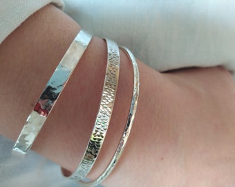 Hammered, Glossy or Wavy Sterling Silver Cuff Bracelet: Handmade Open Artisan Jewelry