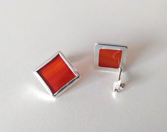 Sterling Silver Rhomboid Stud Earrings: Agate & Carnelian Gemstones