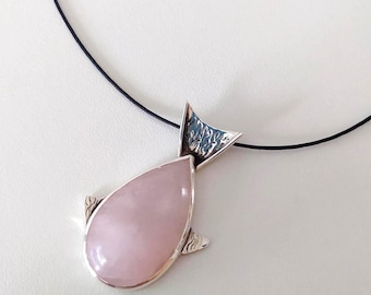 Sterling Silver Rose Quartz Fish Pendant - Handmade Artisan Jewelry