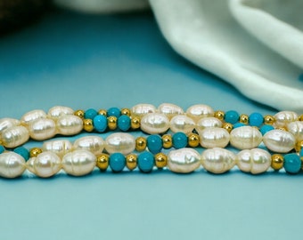 Turquoise Freshwater Baroque Pearl Necklace with 14K Solid Gold Beads - Elegant Handcrafted Jewelry - Luxurious Gift for Her