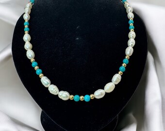 Turquoise Necklace with Baroque Pearls and 14K Solid Gold Beads, Pearl Choker, Real Pearl Necklace, Y2K Beaded Necklace