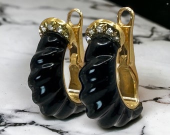 Vintage Earrings Onyx and Diamond Clip On Earrings - Retro Chic, Luxe 18 Karat Gold Diamond Black Earrings