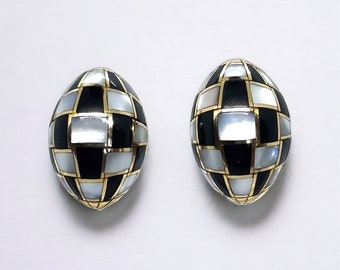 Retro Glam 18K Gold Clip-On Earrings with Onyx & Mother of Pearl, Vintage Statement Jewelry