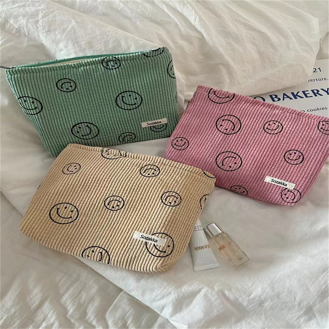 Smiley Face Corduroy Makeup Bag for Her Custom Name Etsy