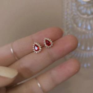 Elegant, Minimalist earrings,14k Gold Plated S925 Stud Earrings, High quality Sterling Silver, Red CZ Diamond Drop Shaped, Fashion Earrings