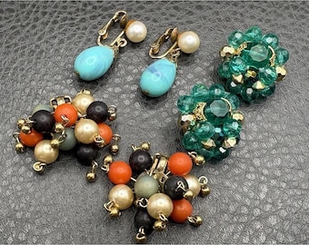 Vintage Lot Of 3 Pairs Gold Beaded Dangle Cluster 1 Coro Clip-On Earrings