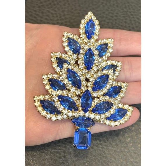 Rare Huge Vasari VTG Christmas Tree Brooch Montana Royal Blue Rhinestone 3.5"