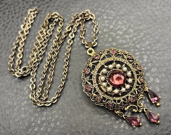 VTG Norman De Luxe Filigree Purple Pink Rhinestone Watch Pendant Necklace WORKS