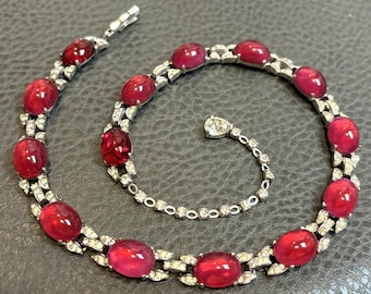 Rare Art Deco Jomaz Or Mazer Faux Ruby Cabochon Rhinestone Silver Tone Necklace