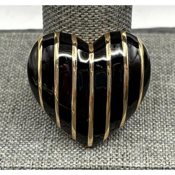 Andre Courreges Paris Balenciaga Designer 80s Black Enamel Stripe Heart Brooch