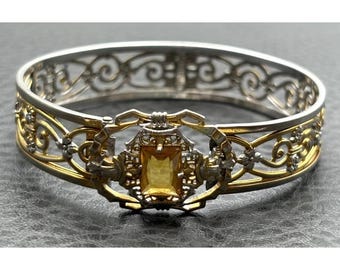 VTG Art Deco Hinge Clasp Bangle Bracelet Faux Citrine White Mfg Co Providence RI