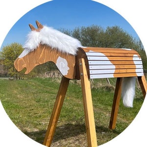 Wooden horse / Tobiano / piebald / garden horse / play horse / wood / plush mane