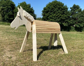 Houten paard, wol, zithoogte 100 cm, speelgoedpaard, voltigepaard, tuinpaard, katoen, hout
