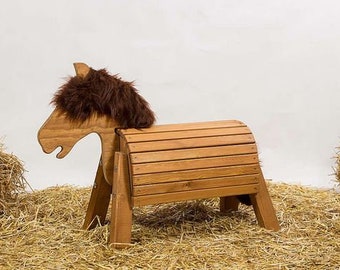 Houten paard Lutz tuinpaard speelpaard hout pluche manen 50 cm zithoogte