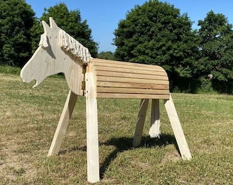 Houten paardenwol 100 cm zithoogte speelpaard voltigepaard tuinpaard katoen hout