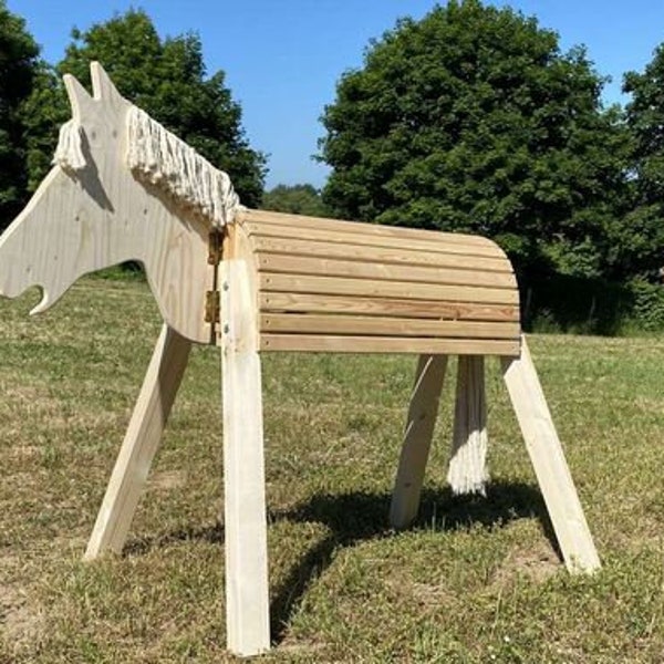 Houten paardenwol 100 cm zithoogte speelpaard voltigepaard tuinpaard katoen hout