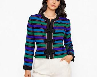 Vintage Papell Womens 100% Silk Blazer 6P Small Striped Bows Old Money Preppy Timeless