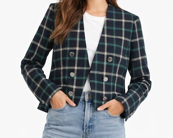 Vintage Jones New York Women's 100% Wool Plaid Grey Schoolboy Blazer Jacket Size 6