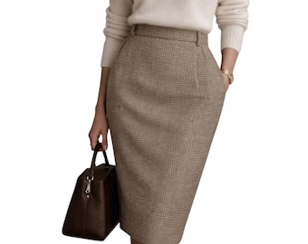 Vintage Ralph Lauren Women's 100% Laine Wool Houndstooth Midi Skirt Sz 12 USA