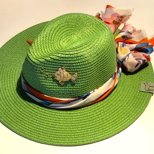 Ladies Panama/Fedora Lime Green Straw Hat. Satin Hat Band, Embellished with Up-Cycled Jewelry and Purple Stitching. (find the hidden bug!)