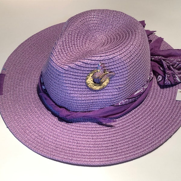 Ladies Panama/Fedora Lavender Butterfly Straw Hat. Bandana Hat Band, Embellished with Up-Cycled Jewelry and Purple Stitching.