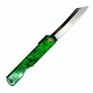 Higonokami Japanese Folding Knife,  HISUI Blue Paper Steel, Black Back & Jade Color Handle