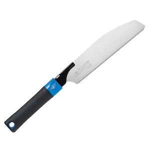 May include: A Japanese pull saw featuring a curved, serrated metal blade with etched text and a black textured handle. The handle includes a bright blue collar and a small circular hole at the end for hanging. The blade is silver in color.