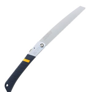 May include: A folding hand saw featuring a silver metal blade with fine teeth and a dark gray textured handle. The handle includes a yellow accent stripe and a silver hinge mechanism with a visible screw. The blade has etched text markings.