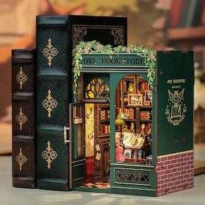 DIY Owl Bookstore Book Nook Kit – Miniature Wooden Bookshelf Insert, 3D Dollhouse Bookshop Decor with LED, Unique Gift for Readers