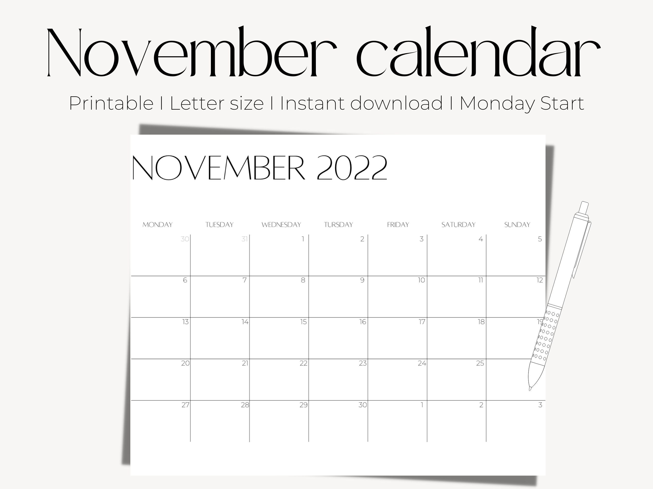 November 2022 Printable Calendar Page, Instant Download Minimalist