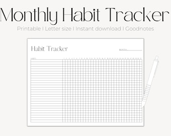 May include: A printable monthly habit tracker with a grid layout for tracking habits. The tracker has a space for the month and a list of habits. The tracker is designed for use with Goodnotes.
