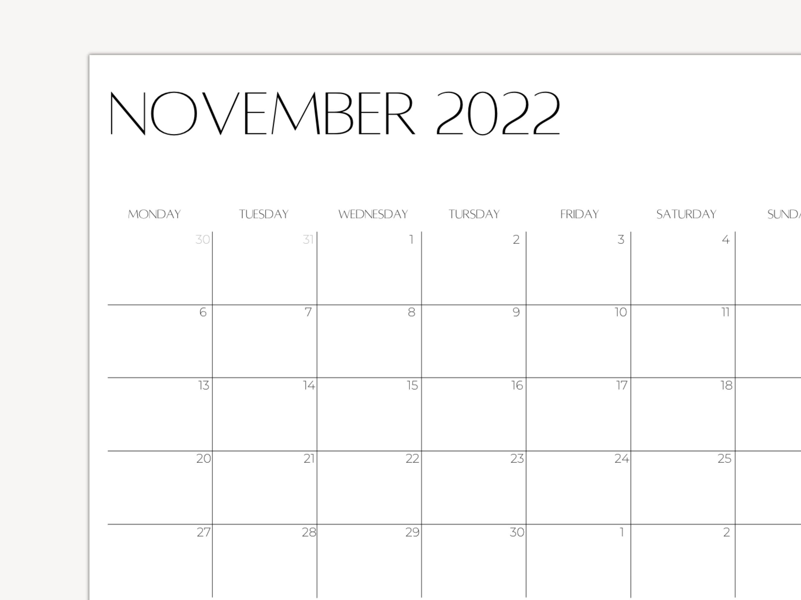 November 2022 Printable Calendar Page, Instant Download Minimalist