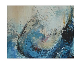 May include: Abstract painting with blue, white, and black paint strokes. The painting has a textured surface and a dynamic composition.