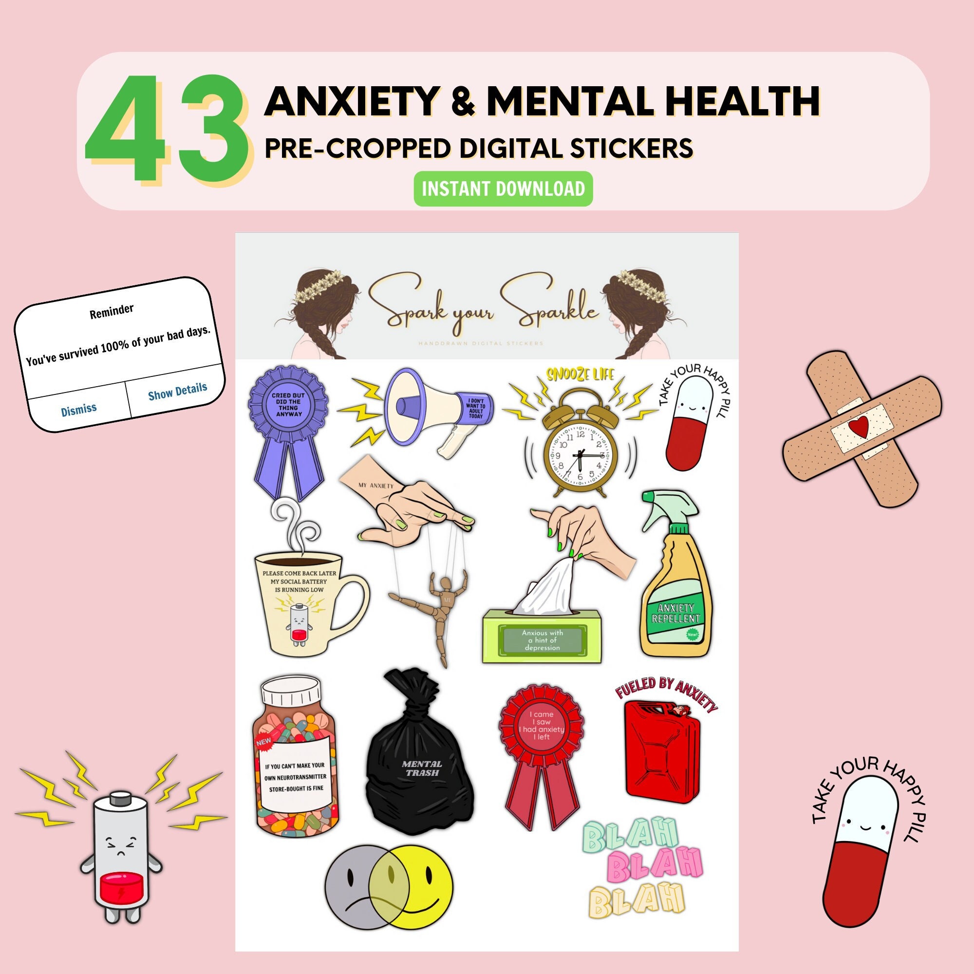 ANXIETY II Digital Stickers, Mental Health Goodnotes Stickers for ...