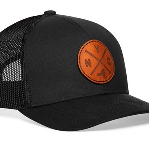HAKA New York City Trucker Hat, Leather NYC Hat for Men & Women, Adjustable Baseball Hat, Mesh Snapback, Outdoor Black Golf Hat (Black)