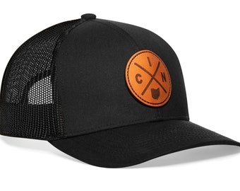 HAKA Cincinnati City Trucker Hat, Leather CIN Hat for Men & Women, Adjustable Baseball Hat, Mesh Snapback, Outdoor Black Golf Hat (Black)