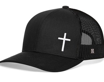 HAKA Embroidered Cross Trucker Hat for Men & Women, Black Baseball Cap, Mesh Snapback, Christian Jesus Cross Hat Black