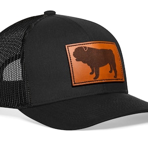 HAKA English Bulldog Leather Trucker Hat, Bulldog Hat for Men & Women, Adjustable Baseball Cap, Mesh Snapback, Shiba Hat - Black