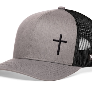 HAKA Embroidered Cross Trucker Hat for Men & Women, Black Baseball Cap, Mesh Snapback, Christian Jesus Cross Hat (Gray/Black)