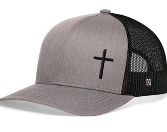 HAKA Embroidered Cross Trucker Hat for Men & Women, Black Baseball Cap, Mesh Snapback, Christian Jesus Cross Hat (Gray/Black)