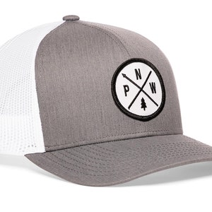 PNW Hat – Pacific Northwest Trucker Hat Baseball Cap Snapback Hat - grey-white/white patch