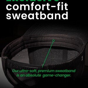 May include: A black trucker hat with a green mesh back panel and a black sweatband. The sweatband is described as "ultra-soft, premium" and a "game-changer". The hat has the text "HAKA" in green letters on the back.